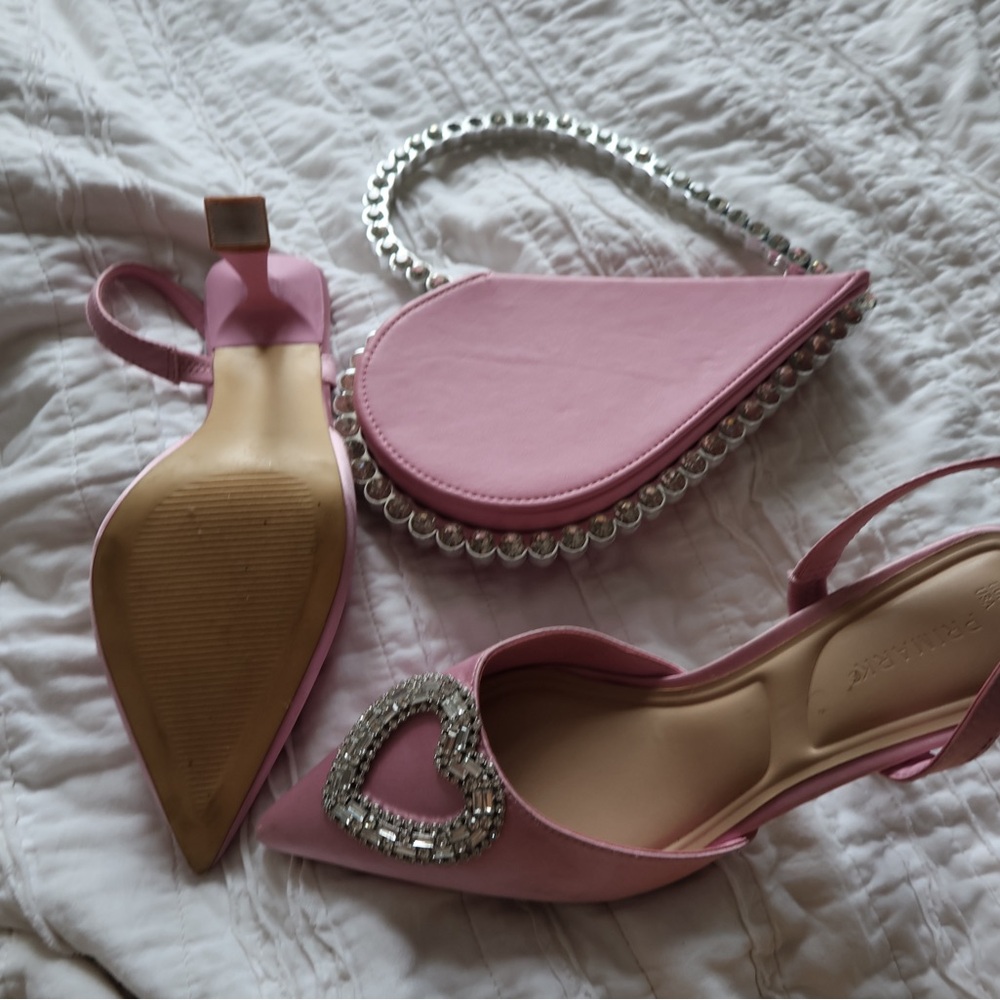 Pink Slingback Heels with Heart Detail and Matching Bag size 8